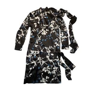 Byrd Womens Floral Long Sleeve Scarf Neck Midi Dress with Belt Artsy Formal L